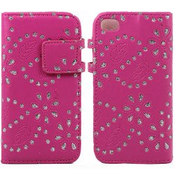 iPhone 6 Plus 5.5 Diamond Flip PU Leather Wallet Case with Strap (Hot Pink)